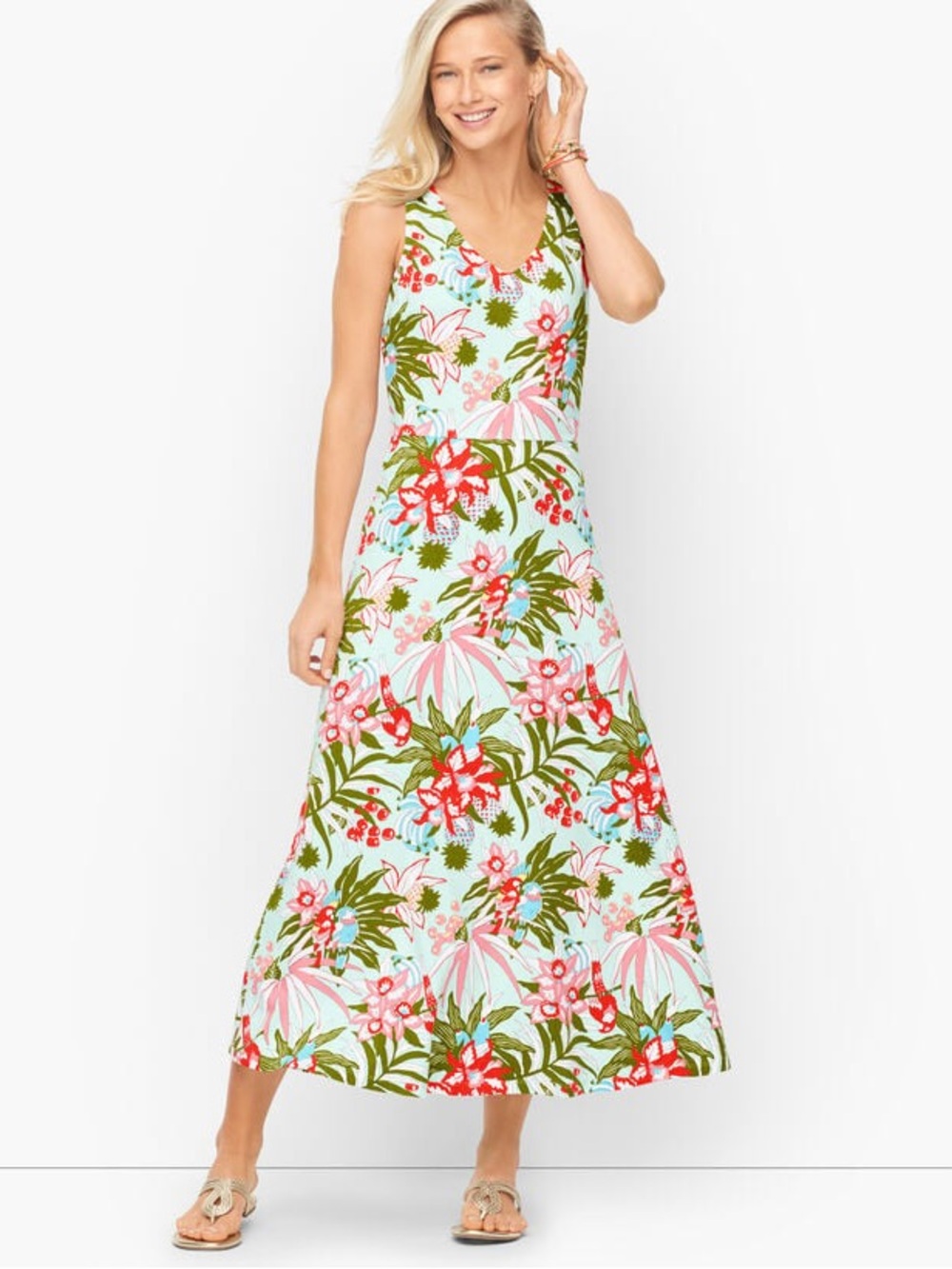 Talbots JERSEY MAXI DRESS - TROPICAL FLORAL NWT medium parrots novelty birds
